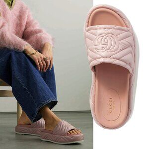 GUCCI SHOES ANGELINA QUILTED DOUBLE GG LOGO PINK SATIN CHUNKY sz 39.5 9.5